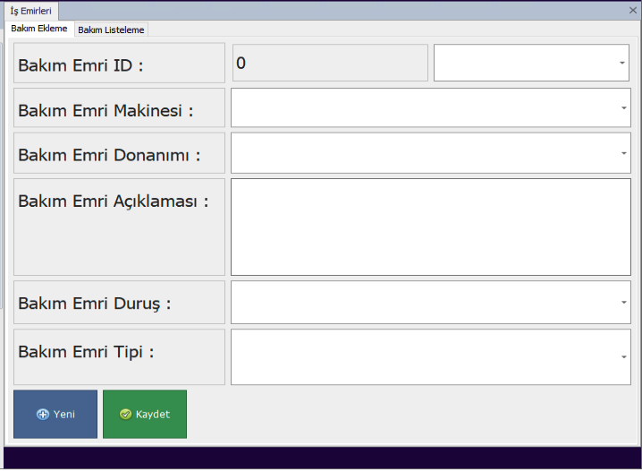 Maintenance management project screen