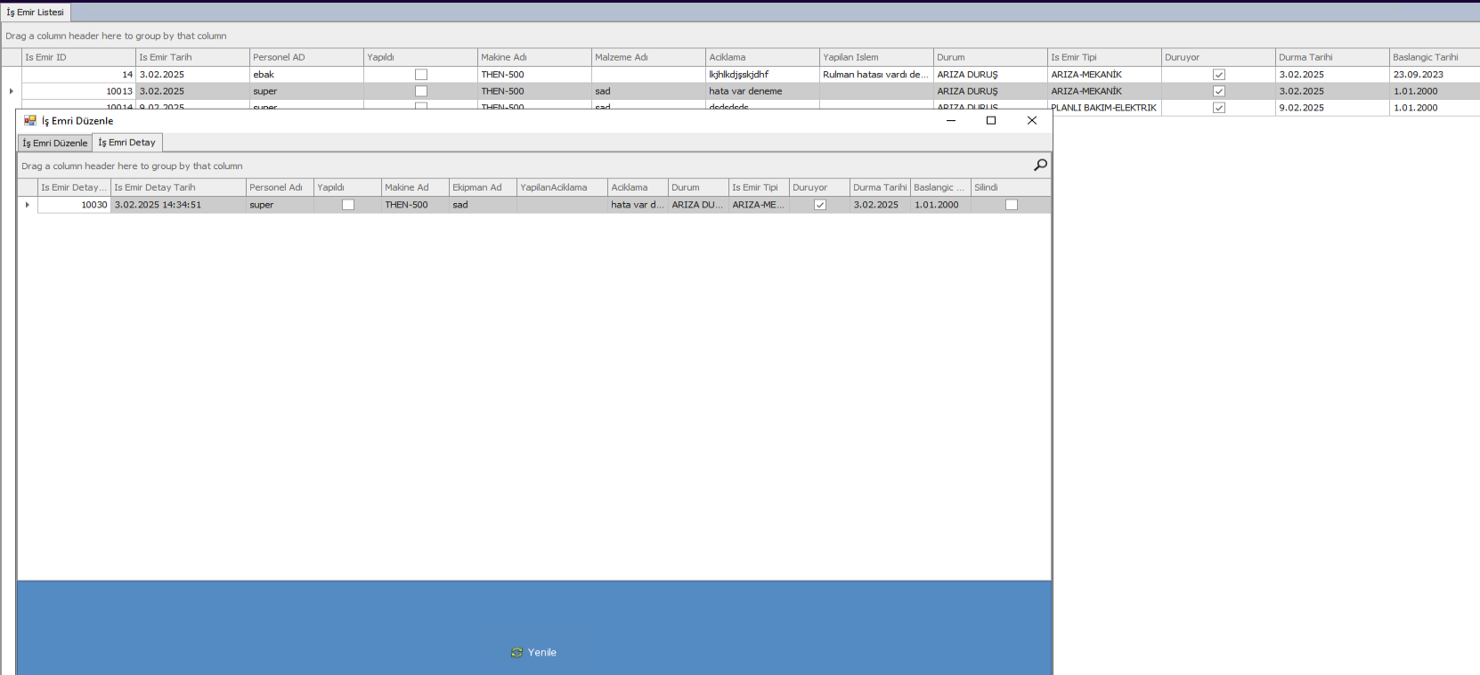 Maintenance work order list screen