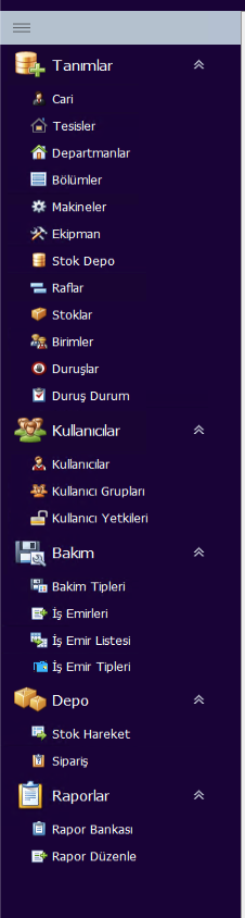 Maintenance management menu screen