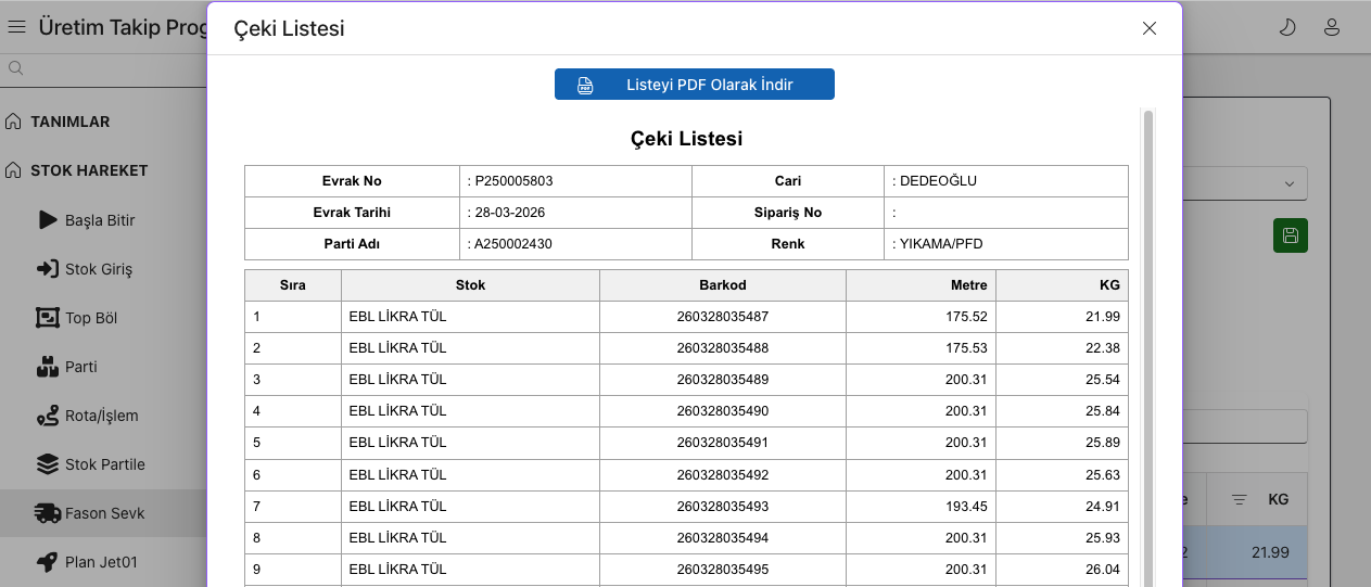 Textile dyehouse dispatch list screen