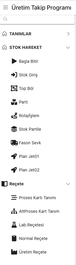 Textile dyehouse software menu screen
