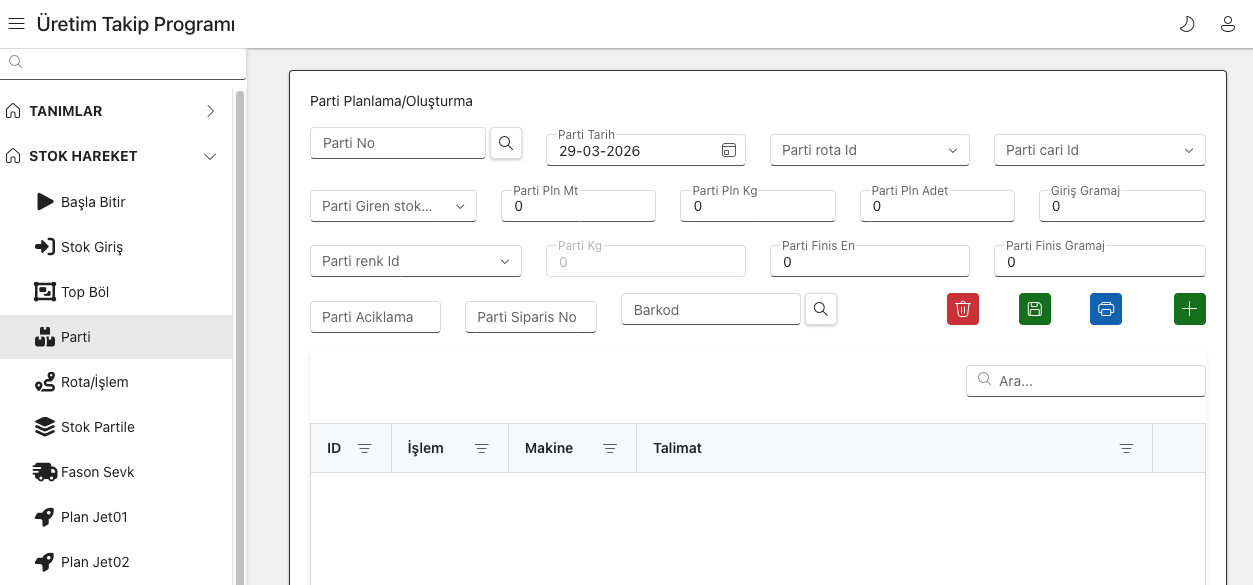 Textile dyehouse software screen