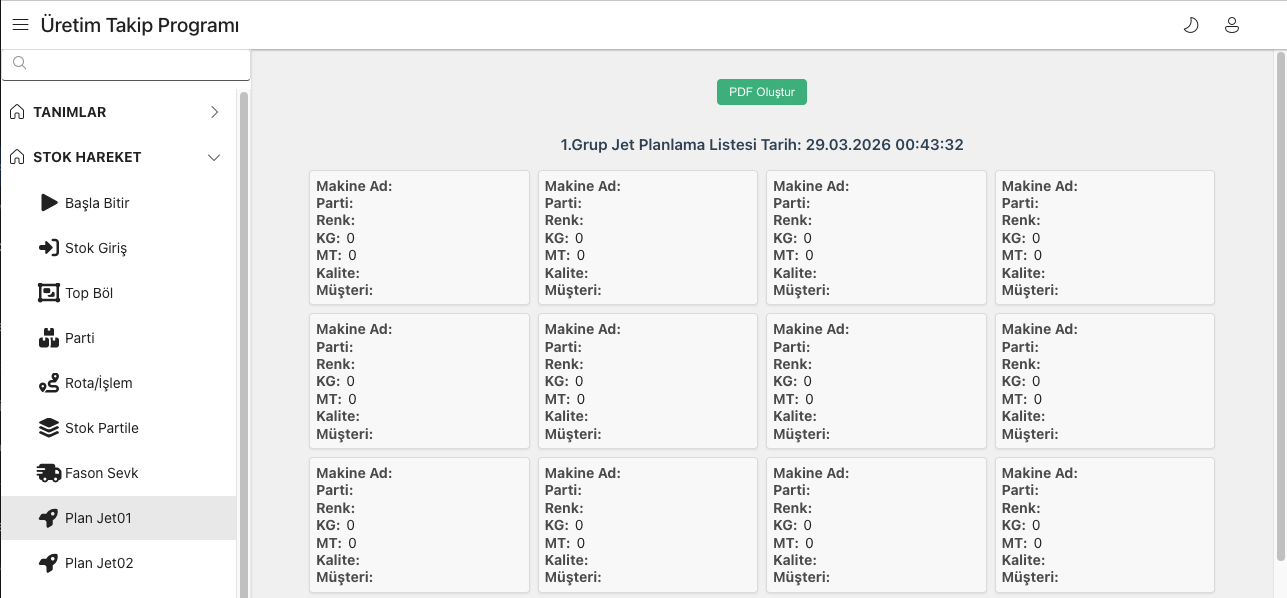 Textile dyehouse production plan screen