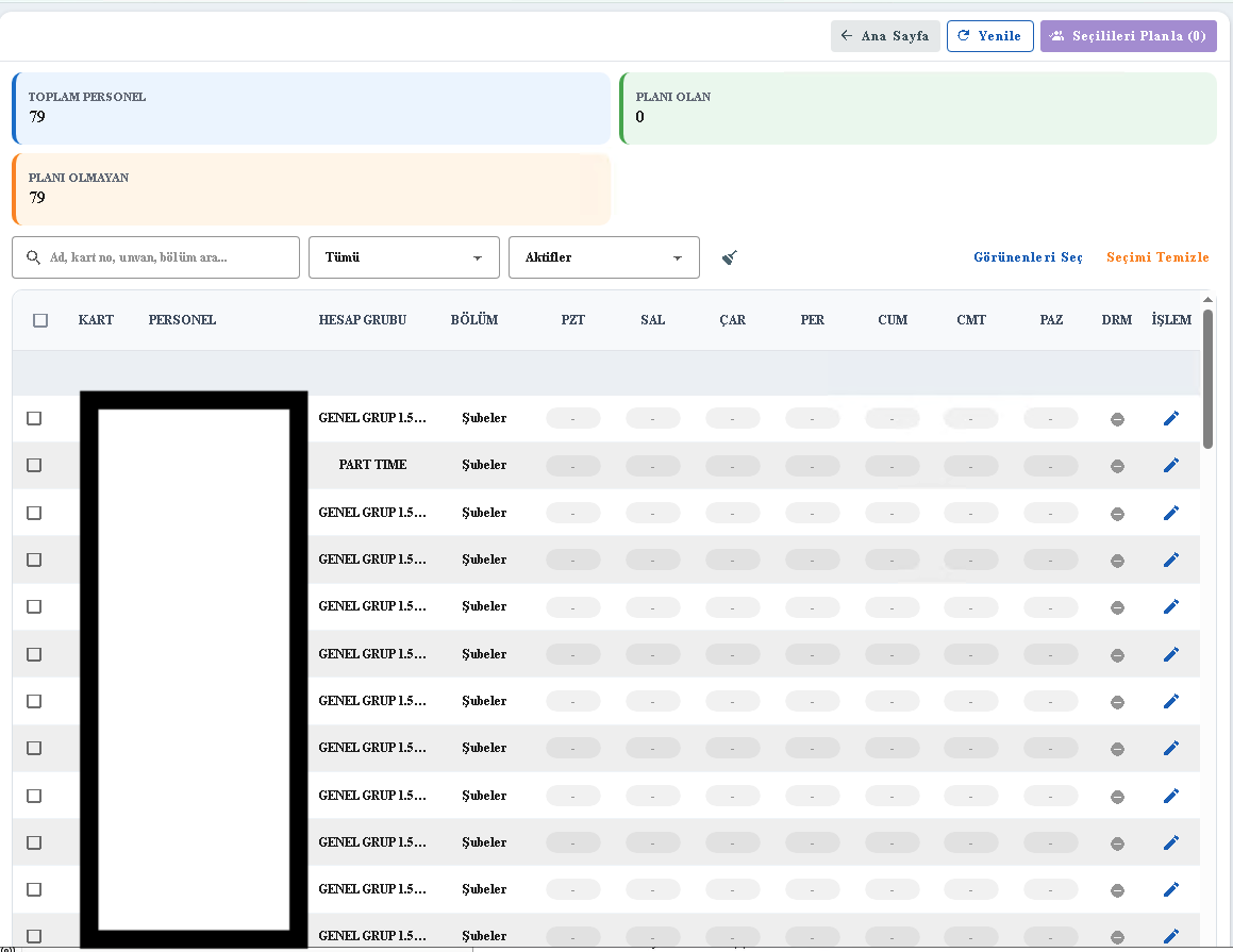 WEB PDKS shift planning screen