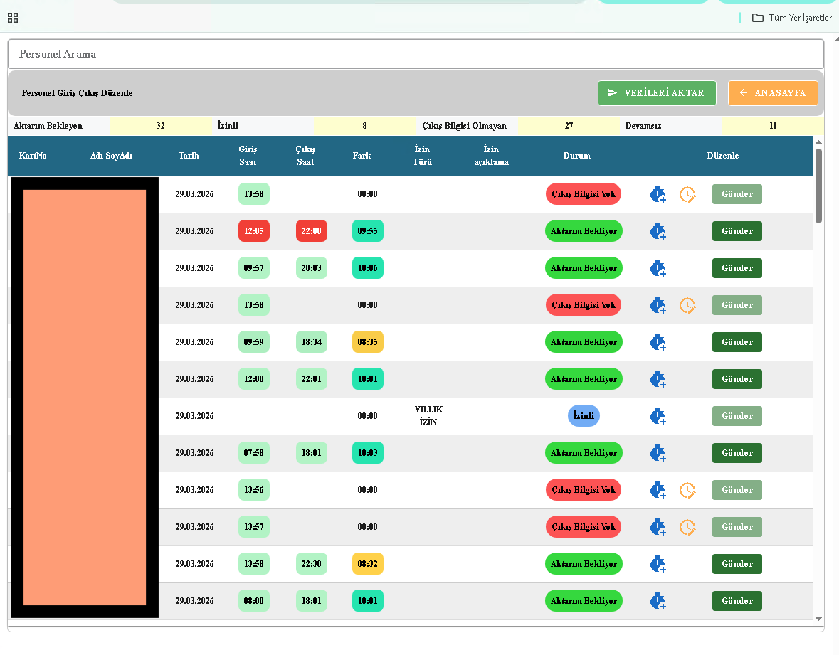 WEB PDKS entry-exit correction screen