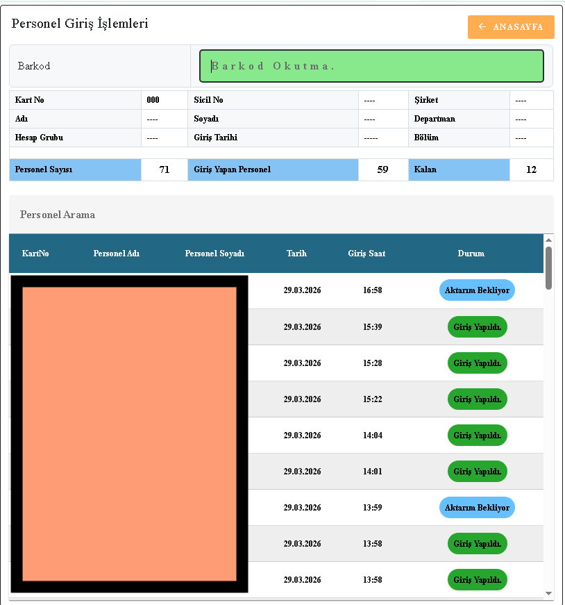 WEB PDKS employee entry screen
