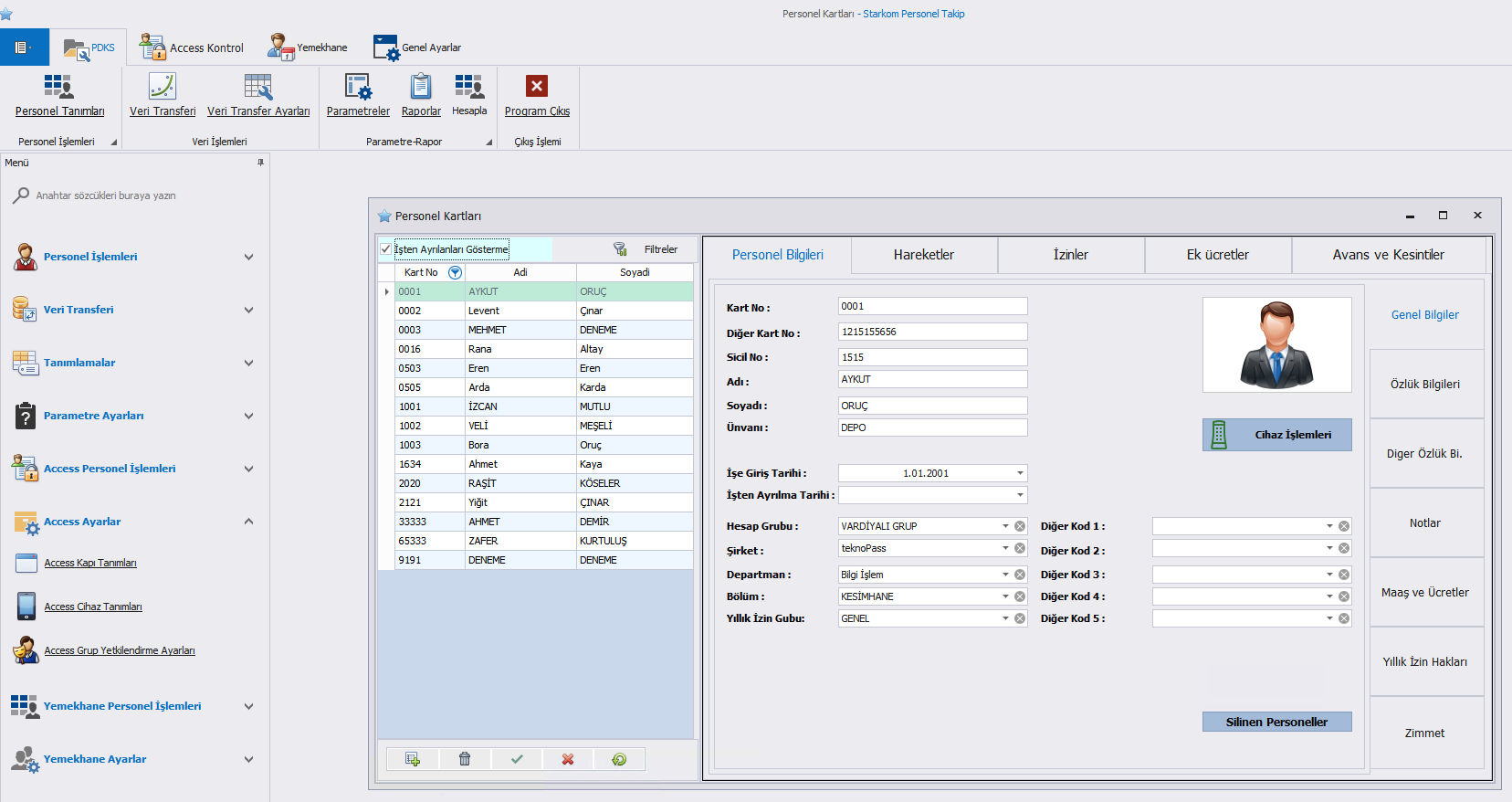 Personnel Attendance Control System screen