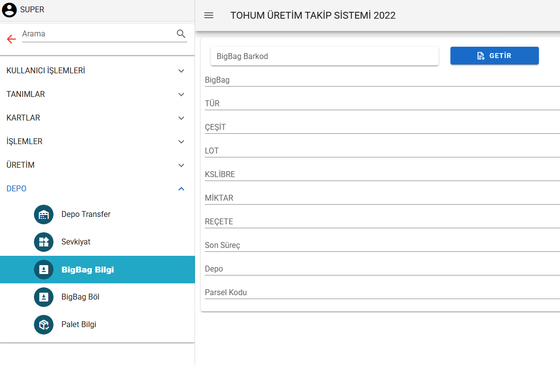 BigBag information screen