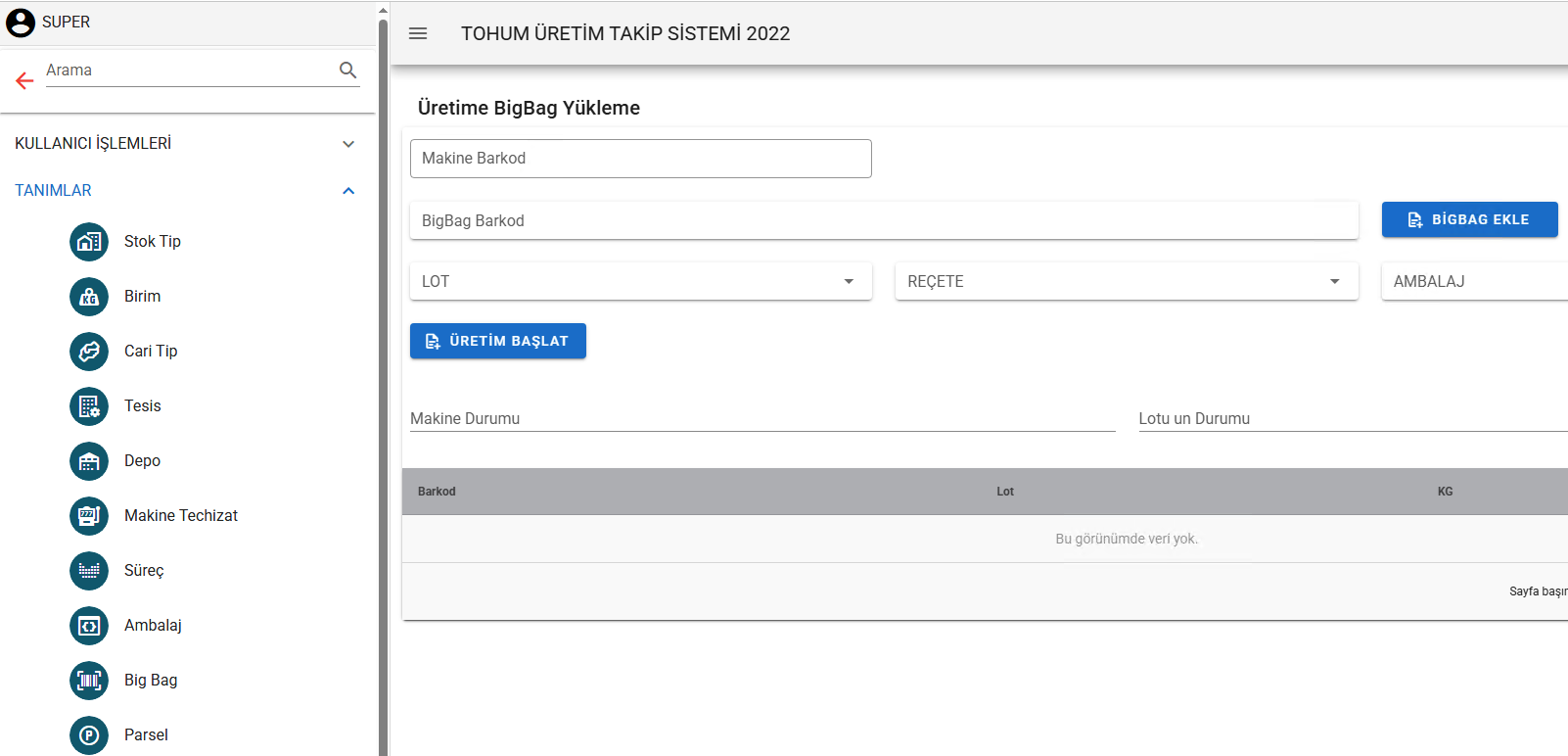 Seed production tracking management system screen